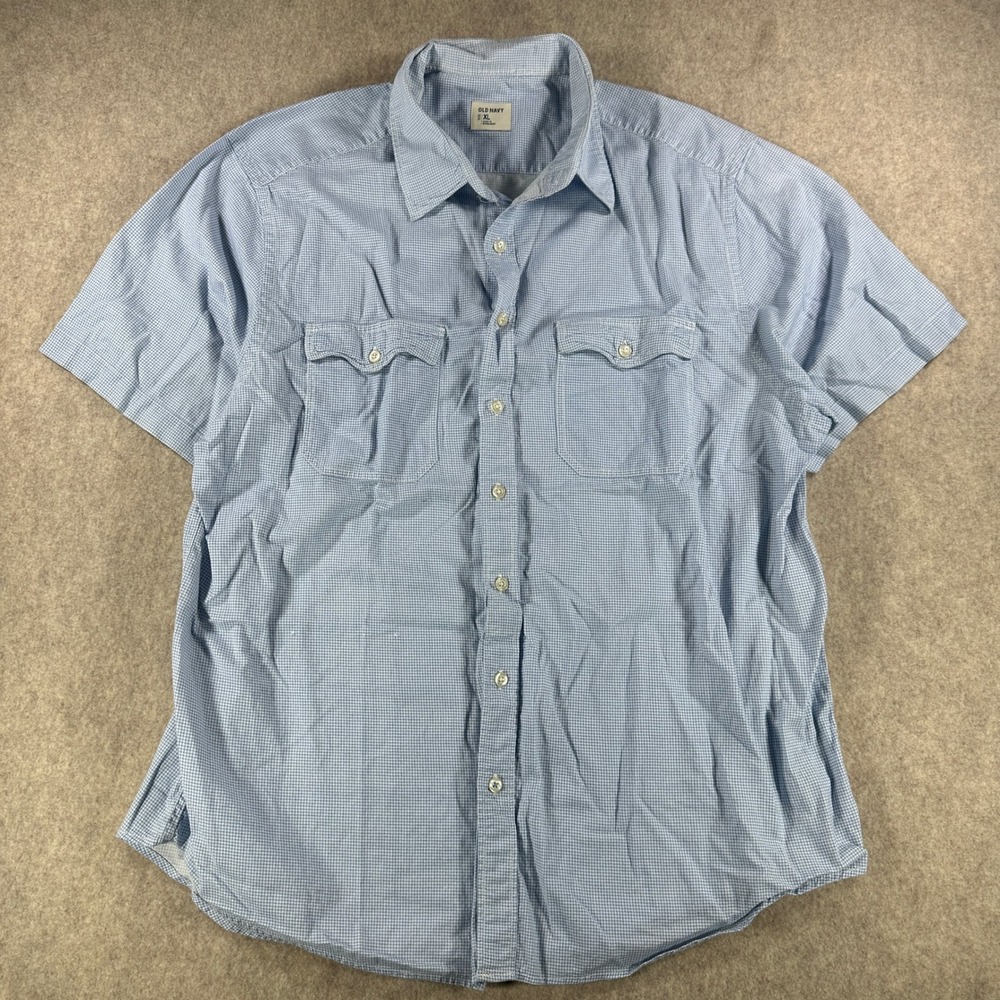 Old Navy Mens Everyday Gingham Plaid Short Sleeve Work Shirt Blue White Size XL